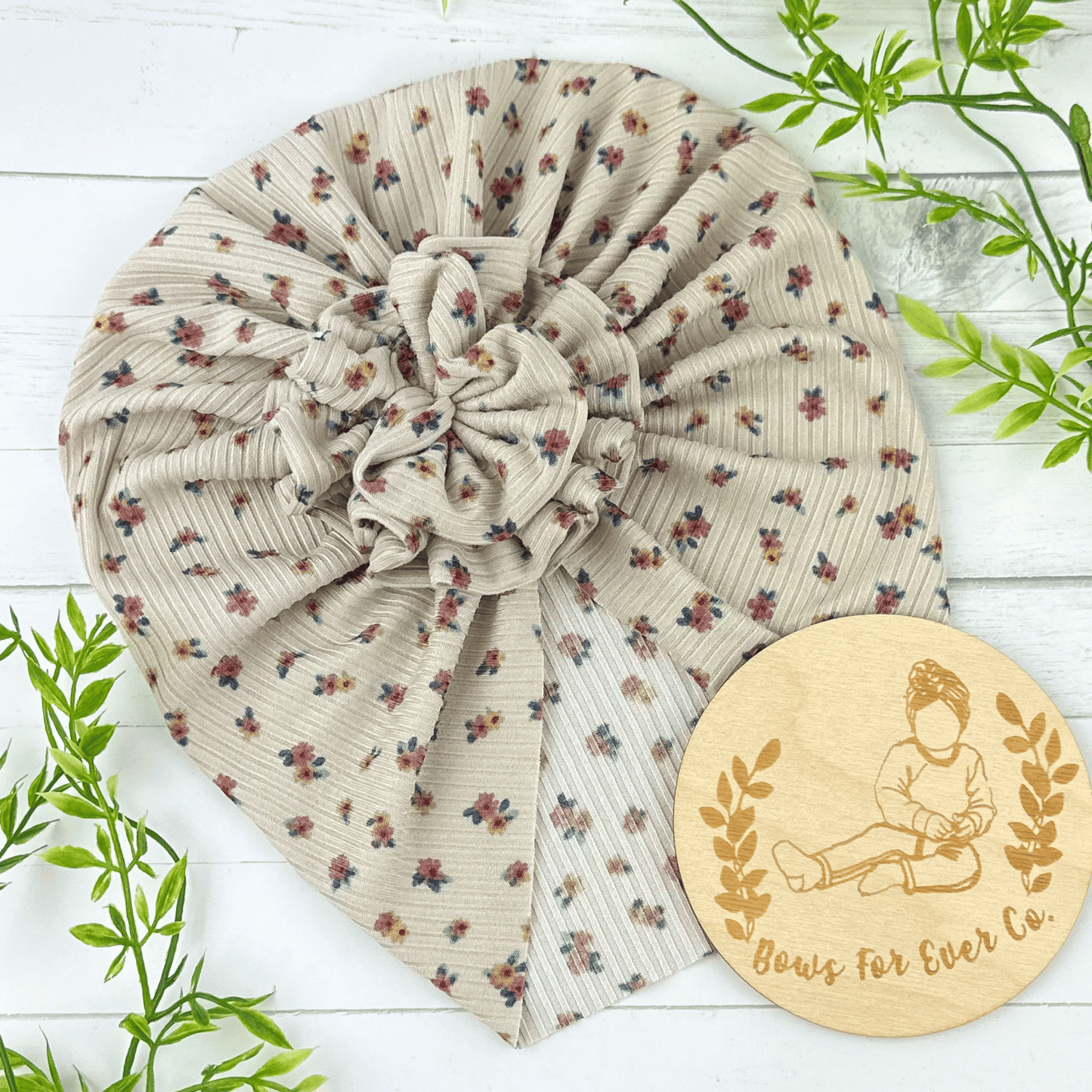 Ribbed Oatmeal Ditsy Floral Turban