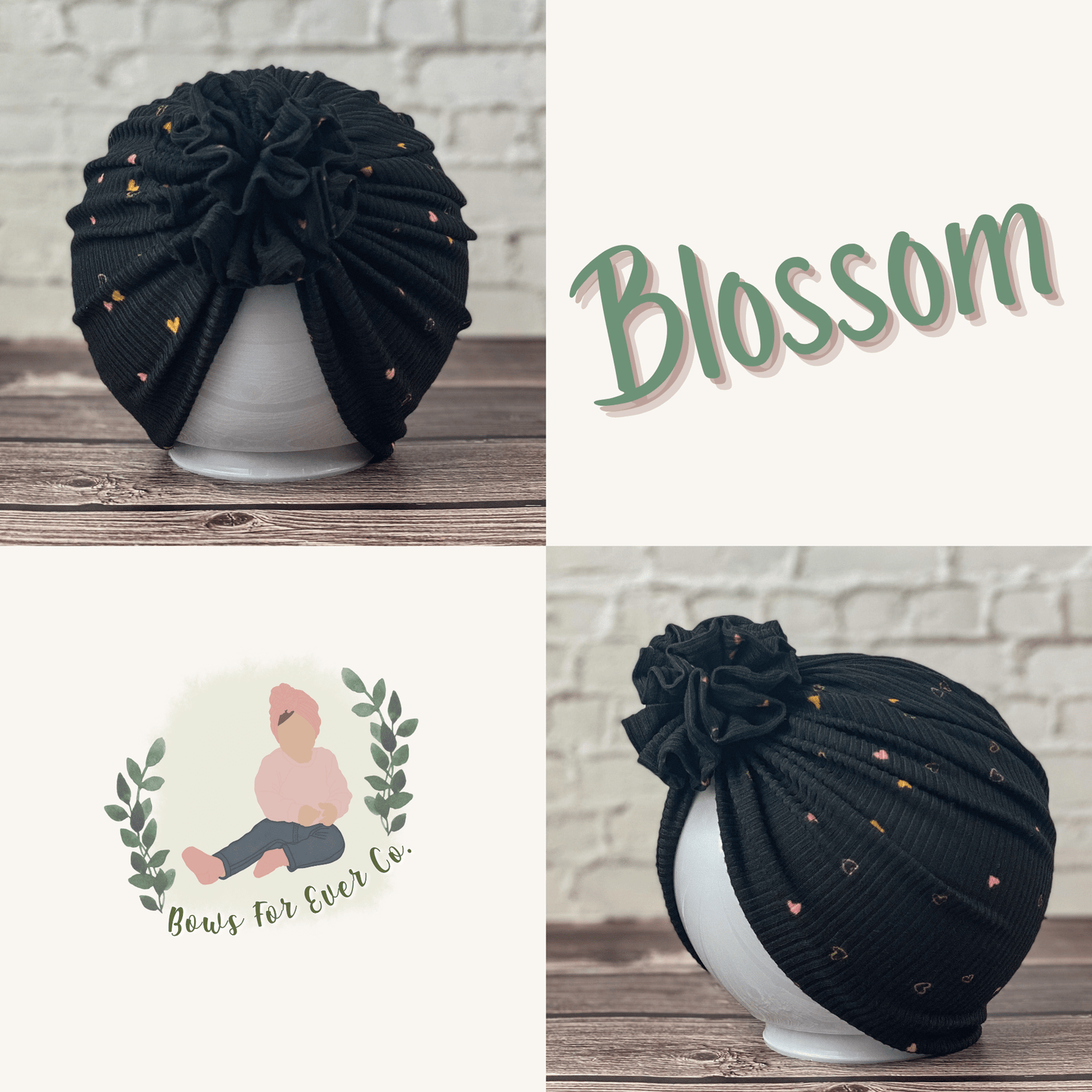Ribbed Black Dainty Hearts Turban
