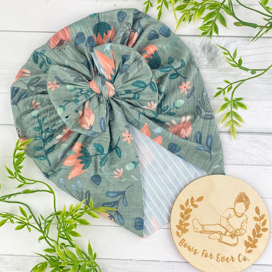 Ribbed Sage Floral Turban