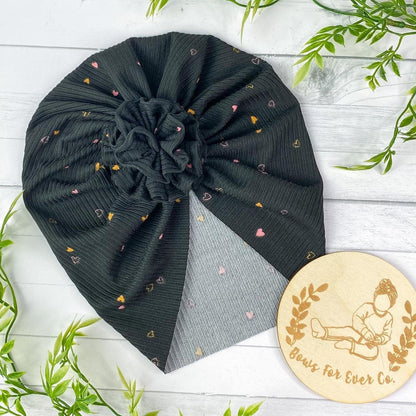 Ribbed Black Dainty Hearts Turban